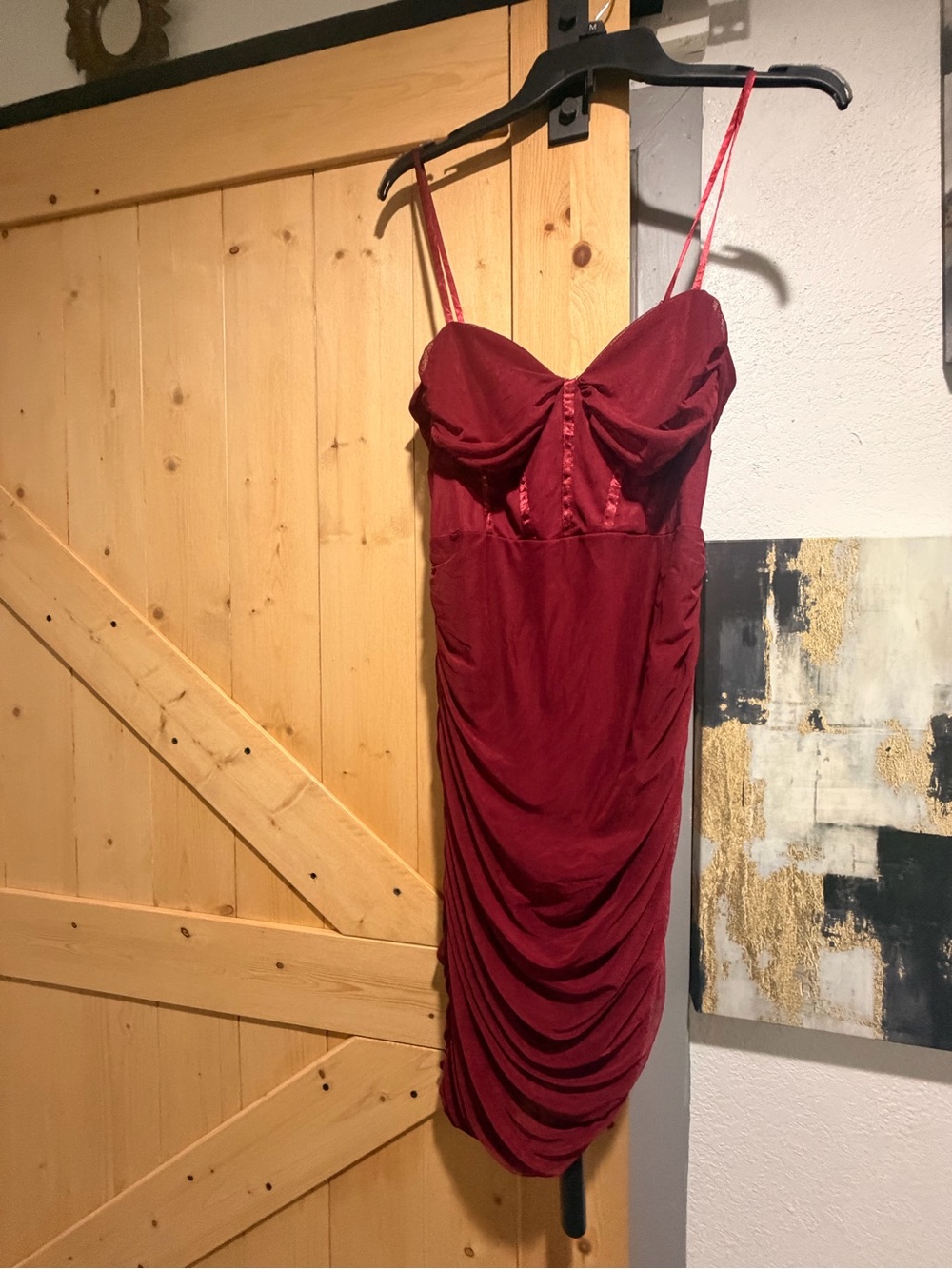 Red Ruched Slip Dress with Spaghetti Straps